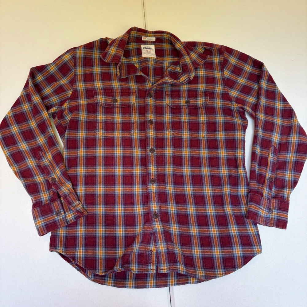 Fossil Mens Red Blue Orange Plaid Flannel Button Up Shirt Size M Classic Fit